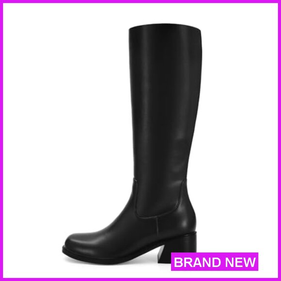 Knee High Boots Square Toe Chunky Block Heel Riding Boots Side Zipper - Picture 6 of 7